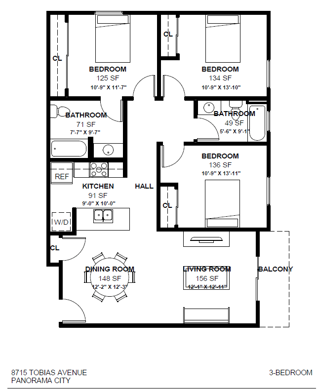 A black and white image of a 3 bedroom apartment layout.